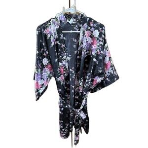 Eplaza Kimono Duster S M Black Robe Tie Belt Floral Print Pockets 3/4 Sleeve